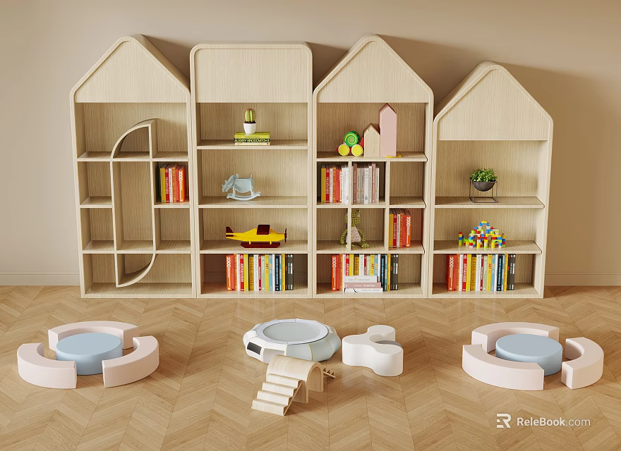 House Shaped Light Wooden Bookcases with Books Toys Plants and Floor Cushions in Kids Room 3d model 