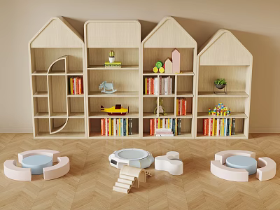 House Shaped Light Wooden Bookcases with Books Toys Plants and Floor Cushions in Kids Room 3d model