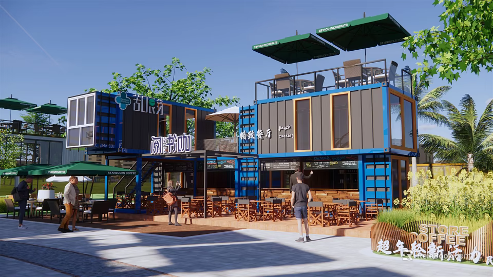 Blue Container Homestay Building With Terrace Open Area Tables Chairs And Green Plants 3d model 