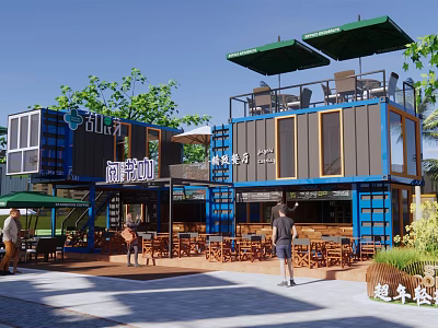 Blue Container Homestay Building With Terrace Open Area Tables Chairs And Green Plants 3d model