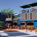 Blue Container Homestay Building With Terrace Open Area Tables Chairs And Green Plants
