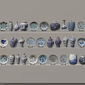 Blue And White Porcelain Ornament Decor Combination With Vases And Plates On Multiple Shelves