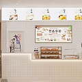 Modern Restaurant Interior With Menu Board Bread Display Shelf Wooden Counter And White Tile Walls