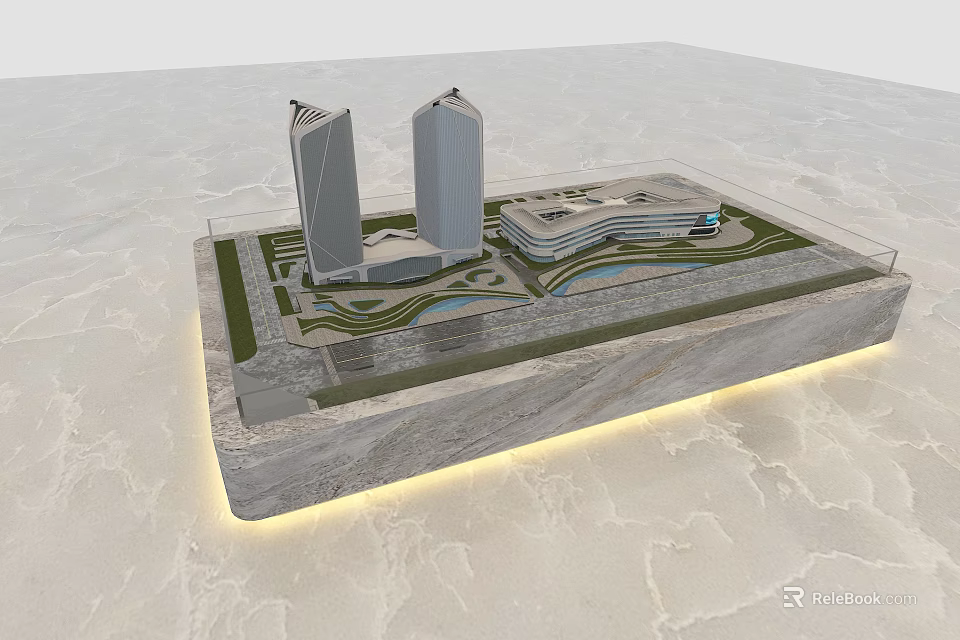 Detailed Commercial Equipment Architectural Model With Twin Towers And Green Space Display Base 3d model 
