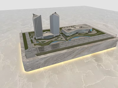 Detailed Commercial Equipment Architectural Model With Twin Towers And Green Space Display Base 3d model