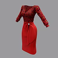 Elegant Red Dress With Black Polka Dot Top Long Sleeves And Waist Bow Brooch