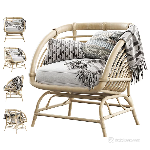 Rattan Single Sofa with Geometric Pattern Pillows Blanket and Curved Legs 3d model 