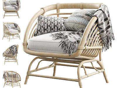 Rattan Single Sofa with Geometric Pattern Pillows Blanket and Curved Legs 3d model