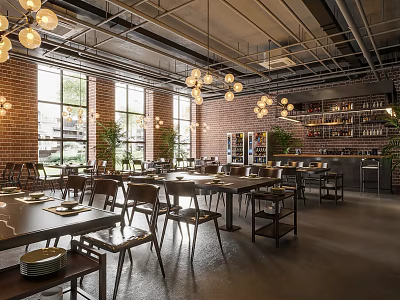 Industrial Style Hotpot Restaurant Interior With Brick Walls Hanging Lights Dining Tables And Green Plants 3d model
