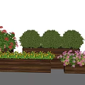 Wooden Tree Planter With Green Bushes And Colorful Flowers For Garden Landscaping