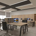 Modern Public Office Space with Bookshelves Computer Monitors and Green Plant Wall