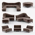 Elegant Brown Velvet Sectional Sofa with Curved Design and Round Ottoman