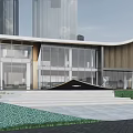 Modern Sales Office Building With Glass Facade Wooden Strips Green Lawn And Waterfront