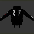 Black Hooded Jacket With White Text Red Patch And Zipper Design
