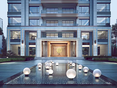 Modern Residential Building Landscape With Water Feature And Spherical Lights 3d model