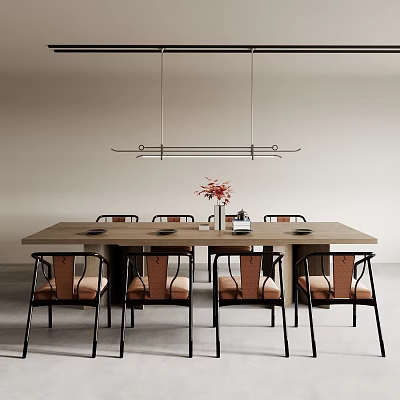 Wooden Tea Table Six Chairs Metal Frames Brown Cushions Red Flowers Vase Long Pendant Light 3d model