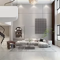 Contemporary Duplex Living Room Design With Staircase Sofa And Chandelier Display Cabinet