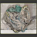 Tangled Green And Beige Fishing Net With Yellow Floats Laid On Wooden Board