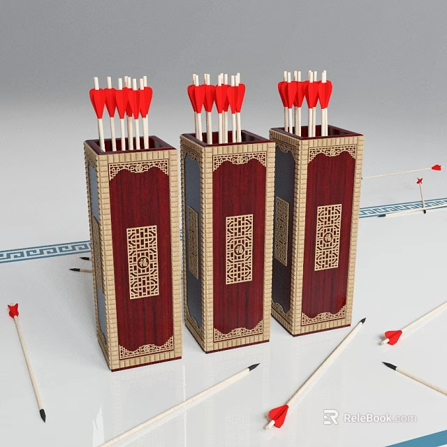 Traditional Archery Photo Spot With Three Red Arrow Targets And Golden Patterned Pillars 3d model 