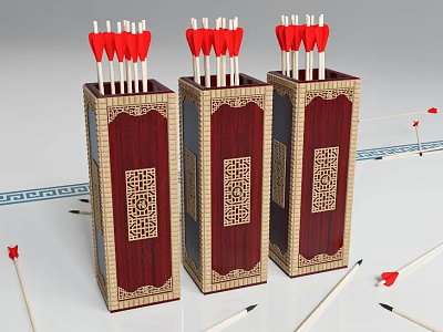 Traditional Archery Photo Spot With Three Red Arrow Targets And Golden Patterned Pillars 3d model