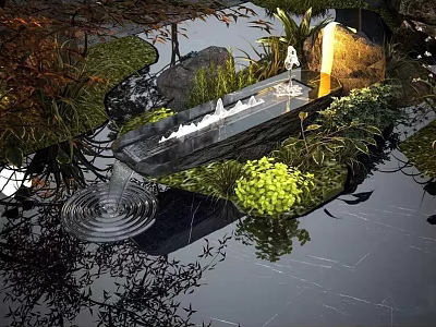 Rockery Stones With Rippling Water And Lush Green Plants In Garden 3d model