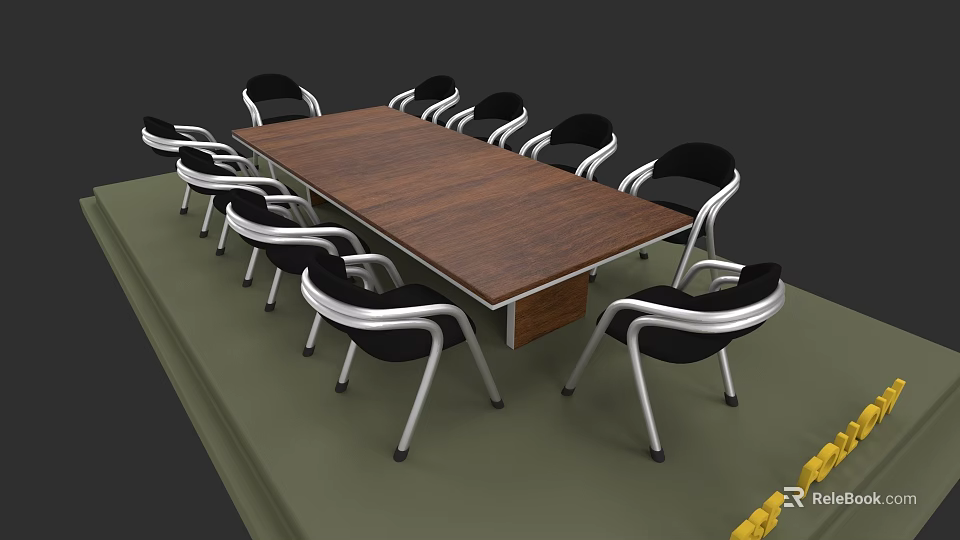 Contemporary Conference Table Featuring Wooden Top And Black Chairs With Silver Frames 3d model 