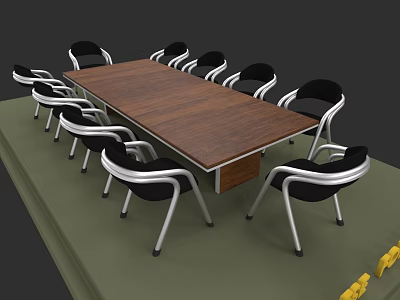 Contemporary Conference Table Featuring Wooden Top And Black Chairs With Silver Frames 3d model