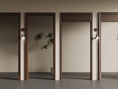 Modern Entrance Hall With Wooden Framed Doors Wall Lamps And Potted Plant 3d model