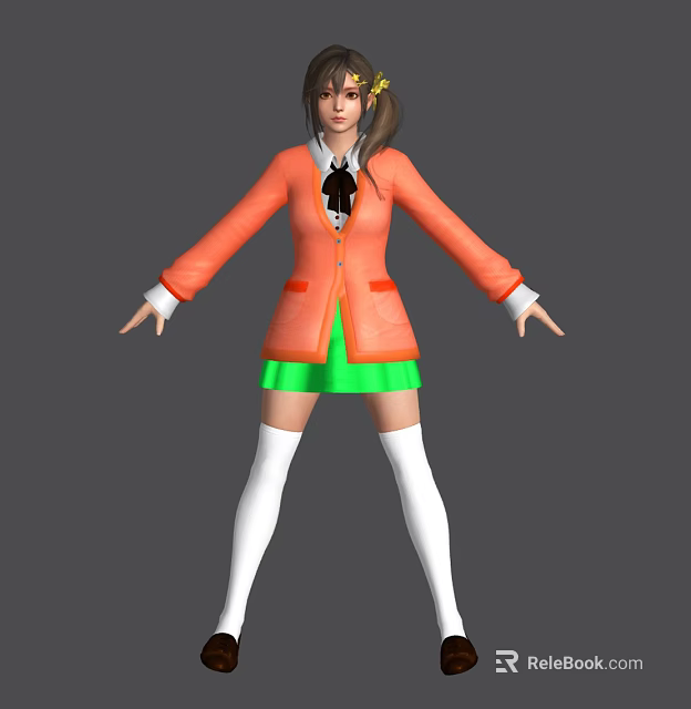 Game And Movie Character Wearing Orange Coat With Green Skirt And White Thigh High Socks 3d model 