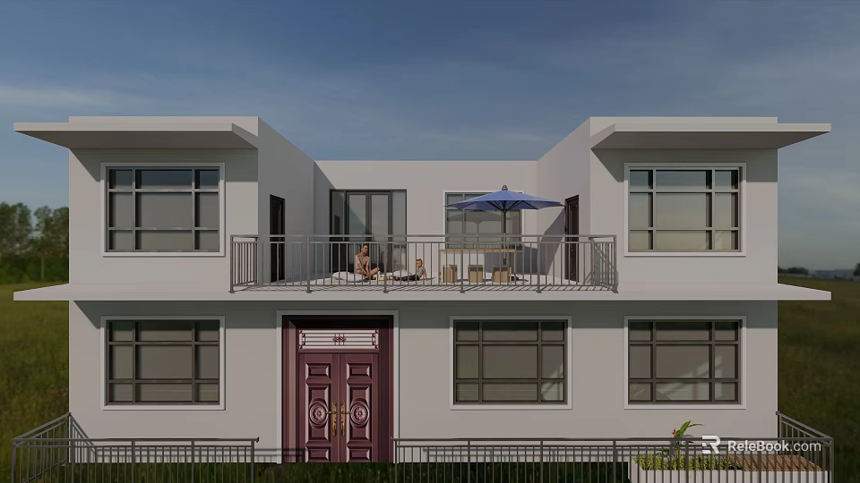 Detached Villa With White Exterior Purple Door Balcony People Sitting And Blue Umbrella 3d model 