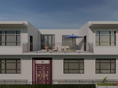 Detached Villa With White Exterior Purple Door Balcony People Sitting And Blue Umbrella 3d model