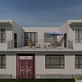 Detached Villa With White Exterior Purple Door Balcony People Sitting And Blue Umbrella