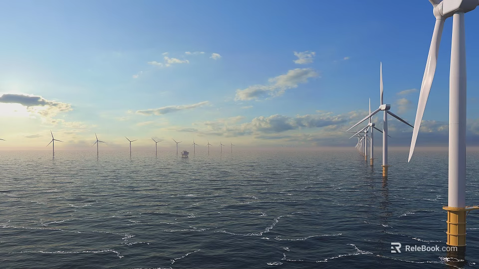 Scenic Offshore Wind Turbines At Sunset With Blue Sky Clouds And Rippling Sea 3d model 