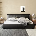 Modern Leather Double Bed With Gray Pillows Blanket Side Table Lamp Books Beige Wall Framed Art