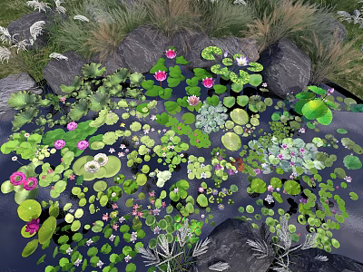 Beautiful Water Lilies and Lotus Leaves in Pond with Rocks and Green Foliage 3d model
