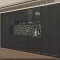 Modern Dark Gray Wine Cabinet With Glass Doors Display Shelves Patterned Backsplash And Wooden Flooring