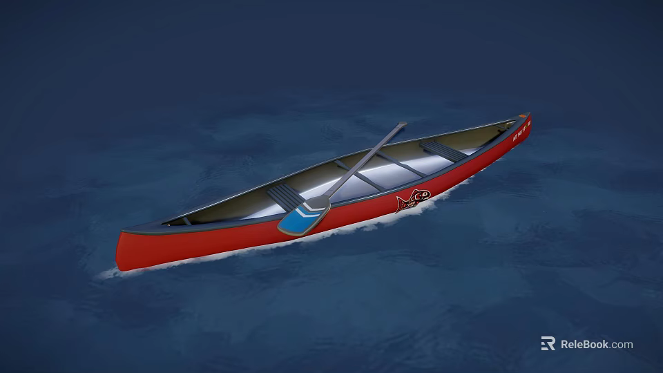 Traditional Red Wooden Boat Floating On Calm Blue Water With Oars 3d model 