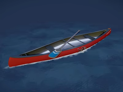 Traditional Red Wooden Boat Floating On Calm Blue Water With Oars 3d model