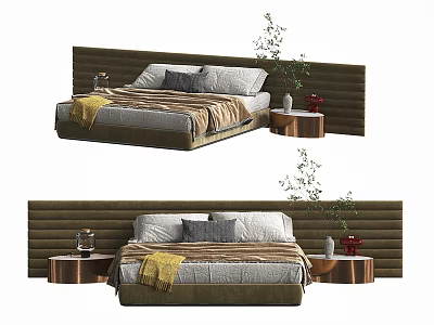 Modern Double Bed Interior With Upholstered Headboard Side Tables Pillows And Plants 3d model
