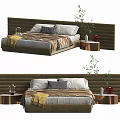 Modern Double Bed Interior With Upholstered Headboard Side Tables Pillows And Plants
