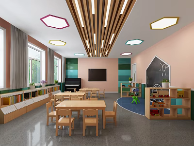 Vibrant Kindergarten Interior With Wooden Tables Chairs Blackboard Bookshelves Piano And Toys 3d model