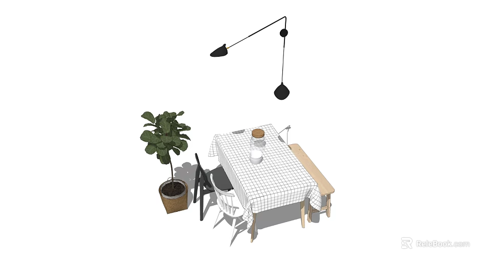 Modern Dining Table Set With Checkered Tablecloth Hanging Lamp Potted Plant And Bench 3d model