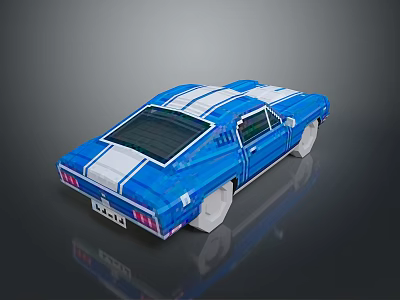 Detailed Blue White Striped Retro Sports Car in Pixel Art Style 3d model