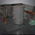 Industrial Cylindrical Tank With Red Pipes Metal Grid Floor And Green Control Box