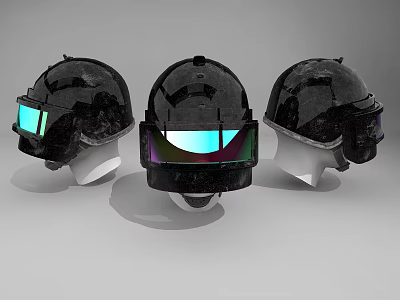 Black Protective Safety Helmets With Reflective Visors On Display Stands 3d model
