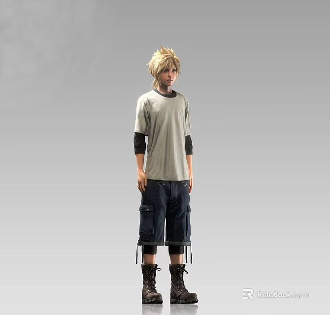 Blonde Haired Man Wearing Gray T shirt With Black Sleeves Dark Shorts And Boots 3d model 