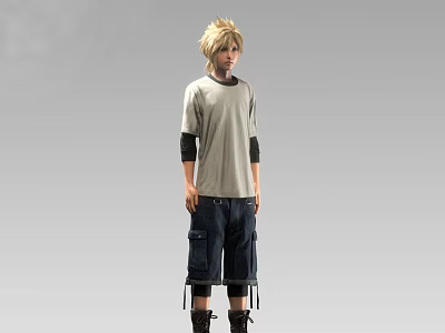 Blonde Haired Man Wearing Gray T shirt With Black Sleeves Dark Shorts And Boots 3d model