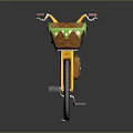 A Yellow Bicycle With Front Basket Green Trim Red Seat And Orange Bag