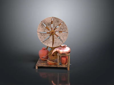 Vintage Wooden Equipment With Spoked Wheel Copper Container And Solid Wooden Base 3d model