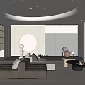 Modern Luxury Home Theater With Curved Sofa Circular Ceiling Light TV Bookshelf And Open Space